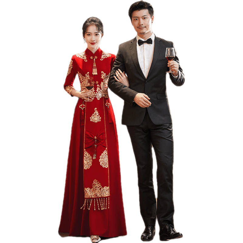 丽佰昕新款敬酒服新娘中式新款夏季结婚秀禾服红色礼服女长袖遮手臂 大红色 3XL