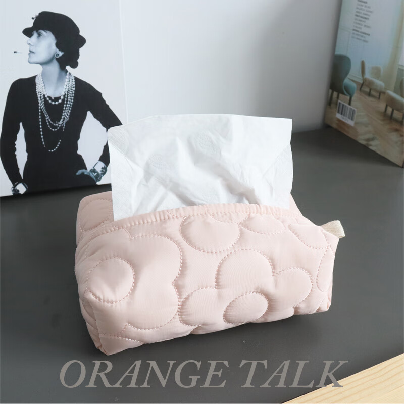 抽纸盒绗棉泡芙小点餐巾纸桌面收纳几何花 绗缝粉色小花双层布艺纸巾