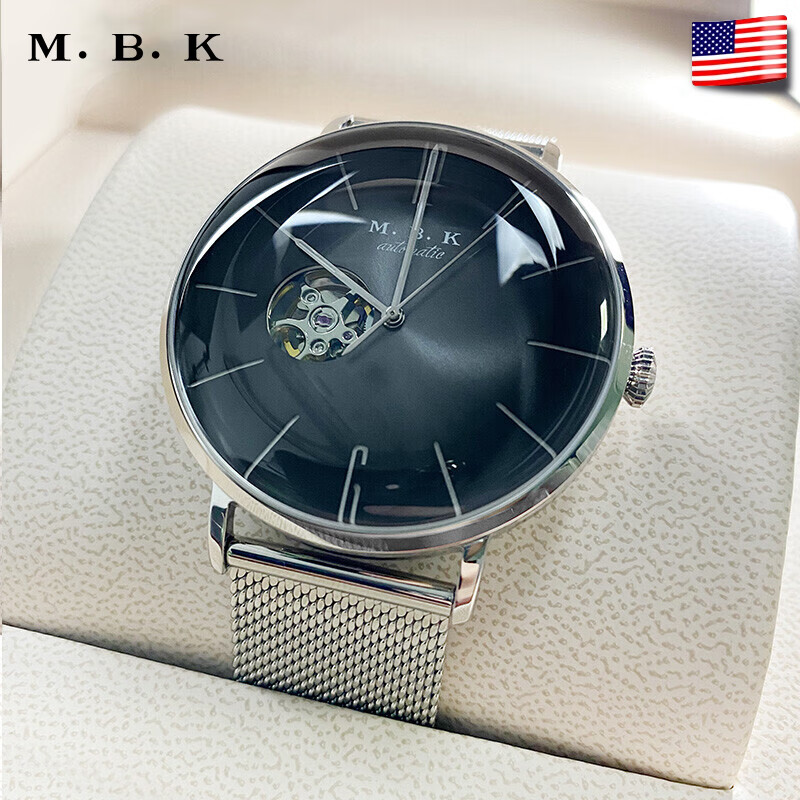 M.B.K美国品牌进口手表男士机械表镂空全自动3D弧面夜光防水潮流男腕表 米兰钢带/黑面/【进口机芯】 京东折扣/优惠券
