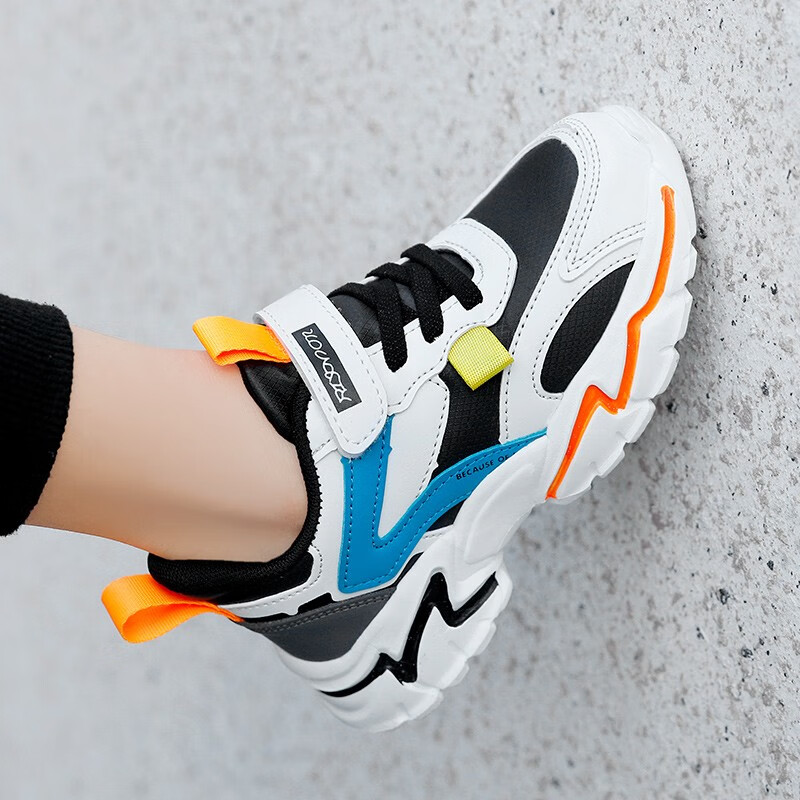 贝天熊春秋中大童鞋男童双网透气运动鞋女童网鞋小白鞋789岁小男孩皮面 BTX8938黑桔【皮面】 28 内长17.8/脚16.8