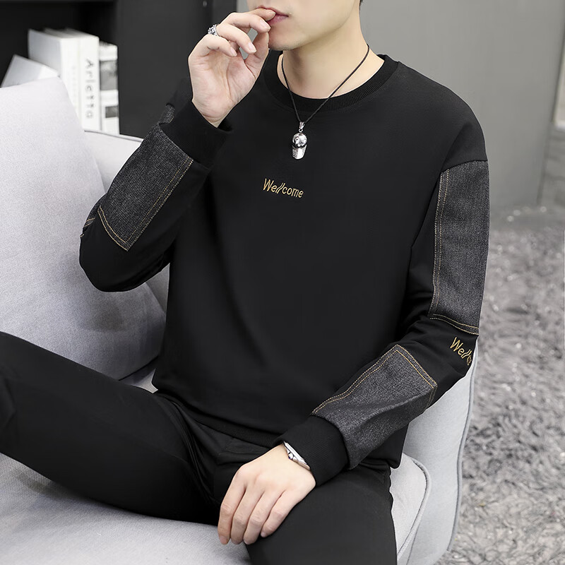 babiboy卫衣男士春秋冬季款拼接黑色加绒加厚重磅圆领无帽印花t恤男