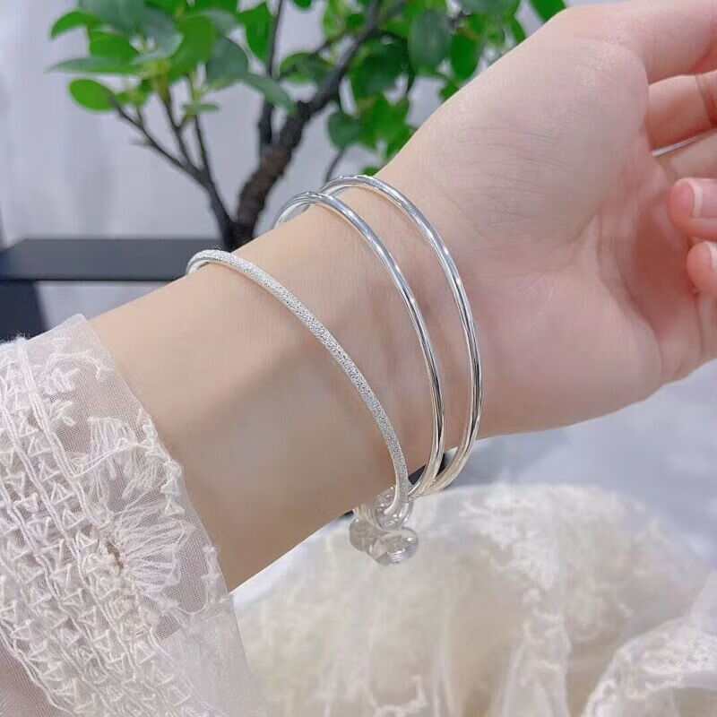 老银匠三生三世银手镯999纯银手镯女年轻款足银情人节送女友生日礼物 磨砂无字款【62】 (建议120-140