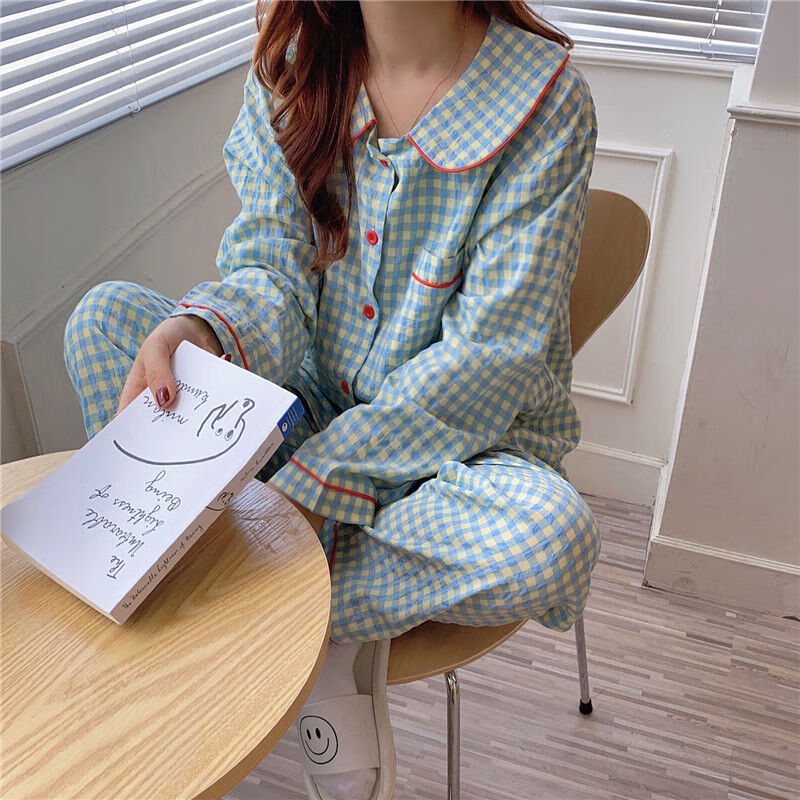 2021春秋新款韩版可爱甜美翻领格子长袖睡衣女开衫宽松家居服套装 蓝黄格长袖套装 偏深 均码 80--130斤