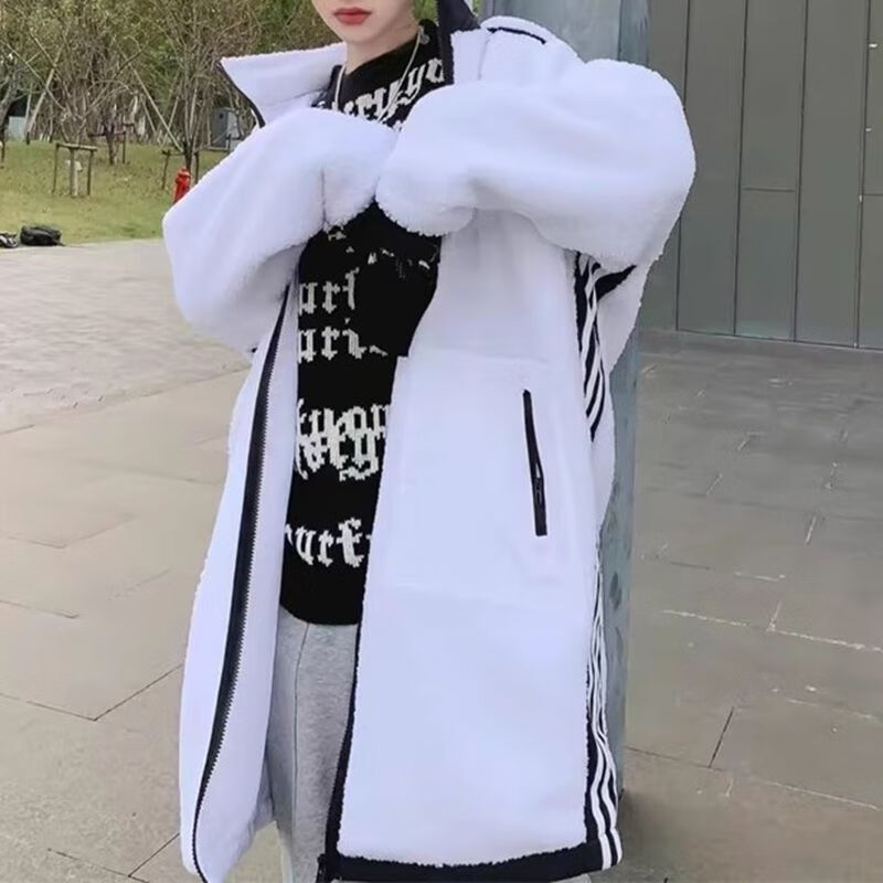 阿迪达斯运动外套女防风保暖立领连帽中长款百搭时尚羊羔绒夹克GM1427 GM1427 L