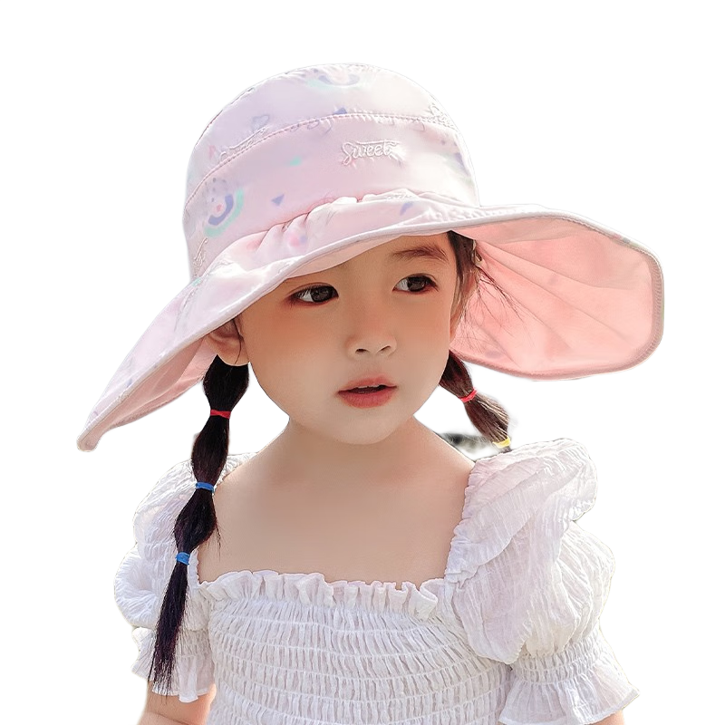 迷人微笑遮陽帽兒童女防曬帽夏天可愛印花可折疊漁夫帽空頂大檐小孩太陽帽女童 淺粉色