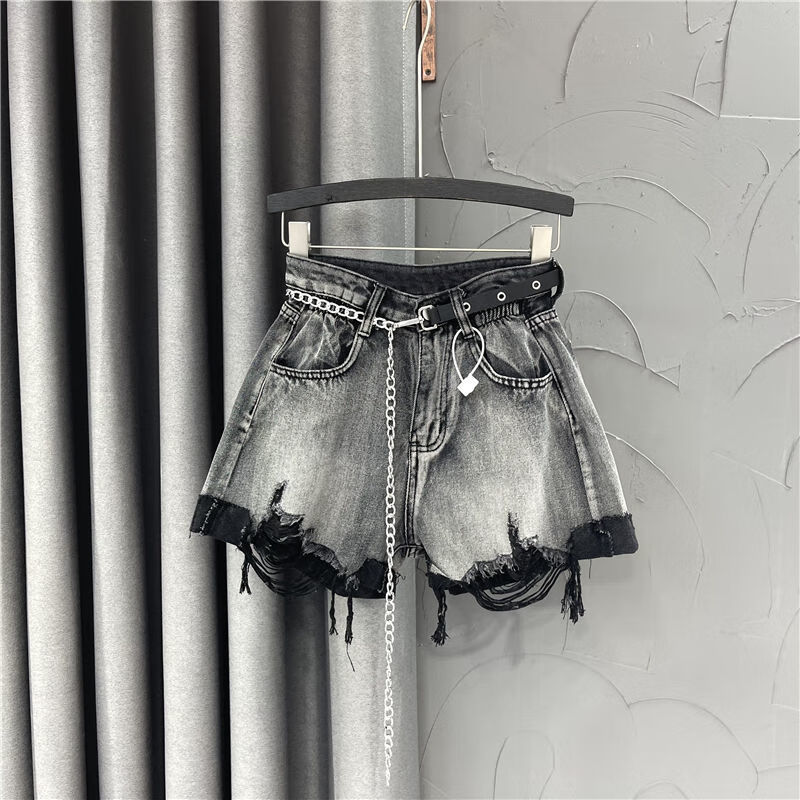 a字牛仔短裤女2024夏季薄款破洞宽松显瘦休闲阔腿热裤 烟灰色搭配腰带