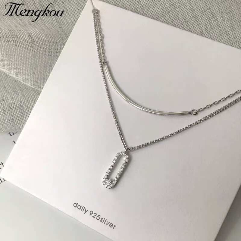 双层银微笑椭圆项链 925银