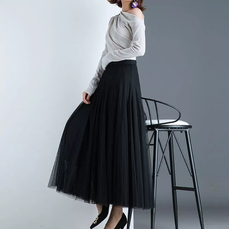 元乐申网纱半身裙秋冬女中长款垂感裙子百褶裙半身长裙仙纱裙长款冬裙