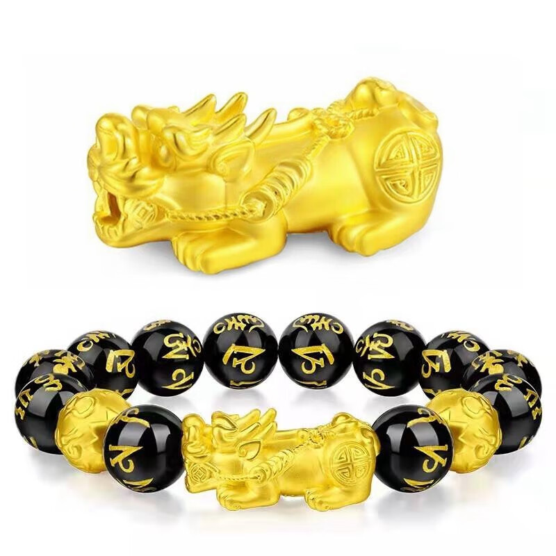 聪蝶越南铜沙金貔貅佛珠手串黑曜石玛瑙皮丘男士转运珠手链里外一色女