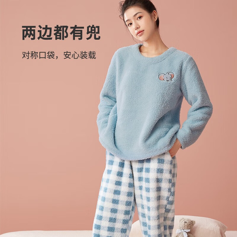 都市丽人睡衣秋冬套头圆领情侣款加厚保暖米粒绒家居服套装C2M款 雾粉-女款 XL