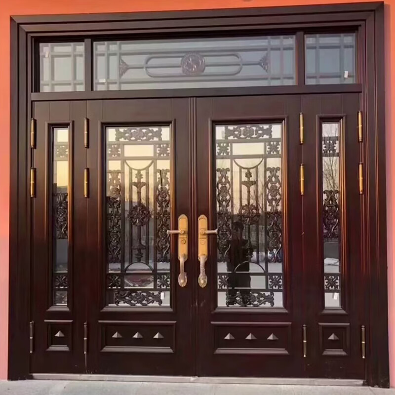 大门对开门防盗仿铜门锌合金门定制农村自建门 玻璃拼接门古典红木