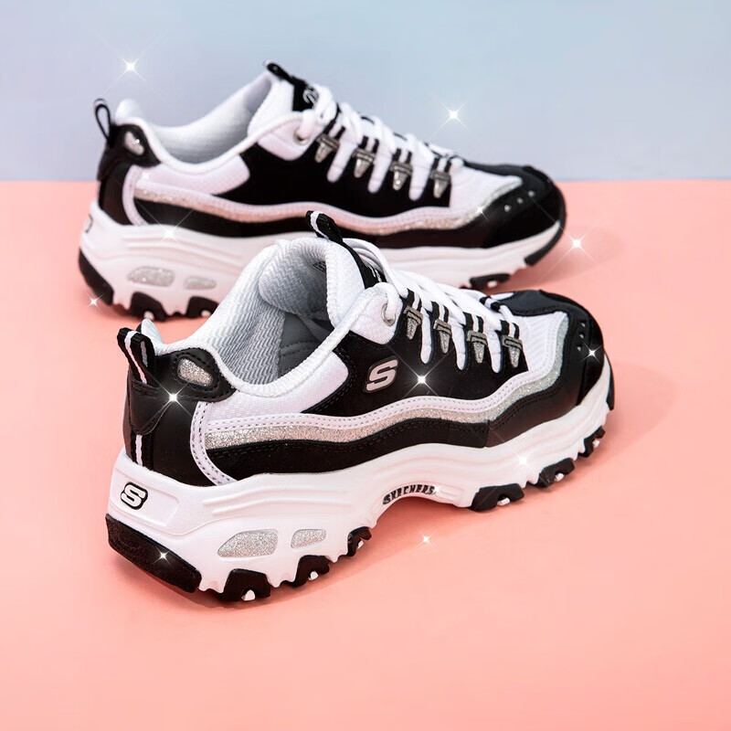 斯凯奇（Skechers）女鞋夏季新款熊猫鞋黑白厚底增高透气老爹鞋女轻便休闲鞋运动鞋 黑色/白色-BKW 37 /参考常规尺码37-37.5码左右