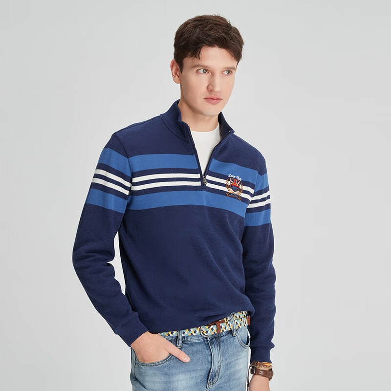 伦德保罗春秋polo衫男商务休闲拉链门襟长袖立领体恤上衣 蓝条 46