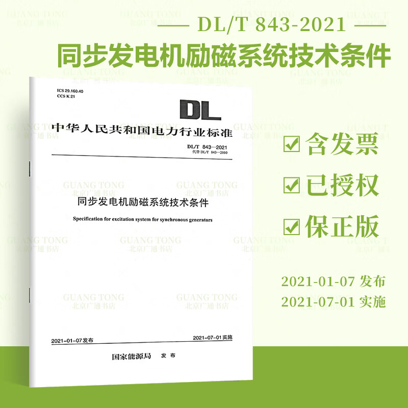【按需印刷】DL/T 843-2021 同步发电机励磁系统技术条件【2022年发输变电新增规范】