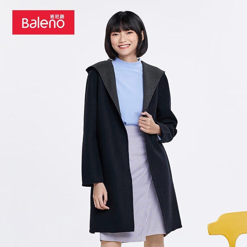 班尼路（Baleno）女装撞色长款韩版连帽呢子外套 B94 XL