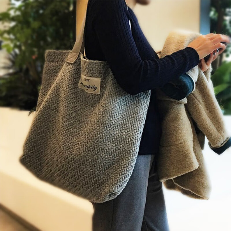 Gekazi品牌  慵懒风帆布包女单肩ins韩版简约休闲学生文艺布袋包百搭编织手提 浅灰色拉链款 大号