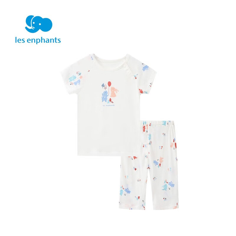 丽婴房莫代尔儿童套装男童女童家居服短袖内衣睡衣夏季短袖套装 白底印花 100 CM/3岁