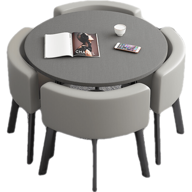 洽谈桌椅 组合小圆桌 休闲桌椅店铺接待桌椅仿实木简约北欧风小餐桌阳台桌椅办公商务谈判桌椅4s店桌 灰黑色圆桌+灰色皮椅 一桌4椅【 1套】