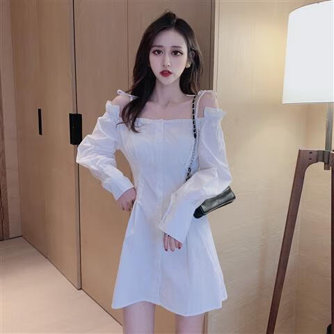 桔梗裙初恋白色chic设计感心机露肩一字领长袖连衣裙子女sn9647 白色