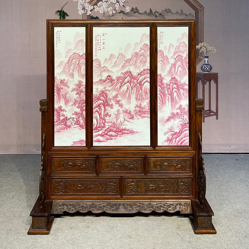 古典家具花梨木山水落地大插屏(瓷板画) 高度180x宽度155厘米-xf388