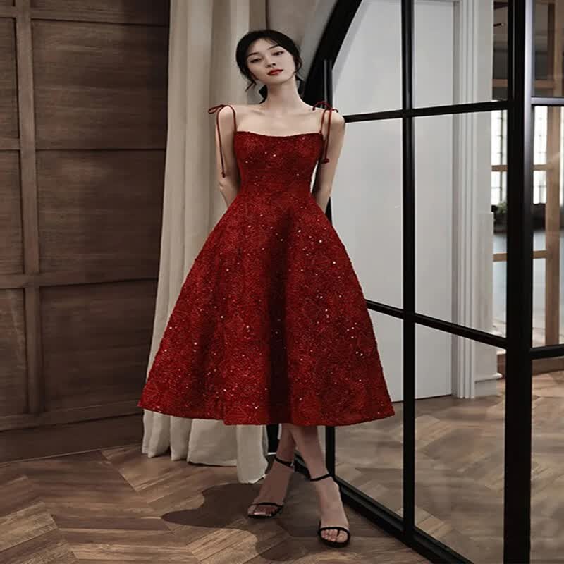 晚礼服小个子酒红色吊带晚礼服裙女新娘敬酒服感小个子 酒红色中长裙