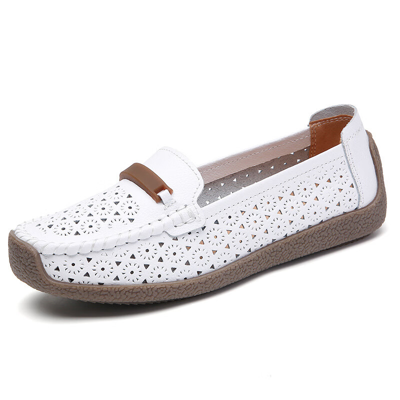 春夏款舒适软底妈妈鞋牛皮豆豆鞋女休闲鞋平底护士鞋单鞋女工作鞋 缕空款 白色 40