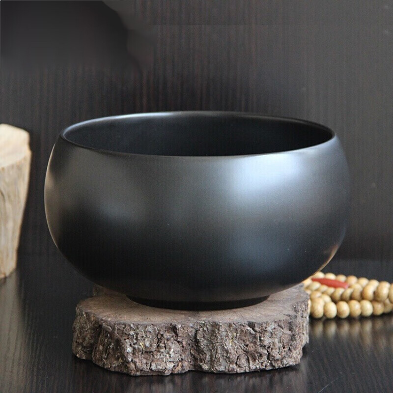 希盼纯黑色和尚碗钵圆钵僧人钵盂复古佛碗居士素食碗青瓷碗陶瓷碗木勺