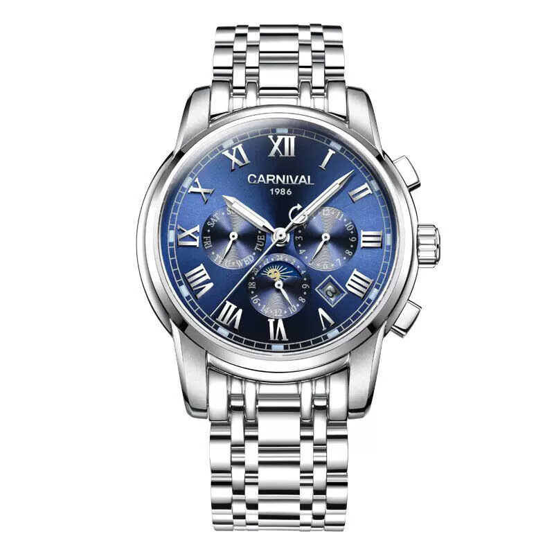 嘉年华（CARNIVAL）【520礼物送男友】男士手表全自动机械表国产罗马精钢蓝面