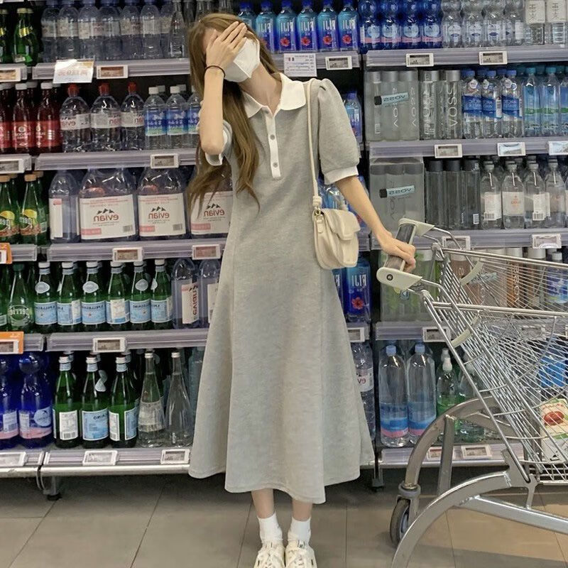 xwdkq长款t恤女中长款过臀遮臀盐系百搭短袖t恤夏季新款polo领宽 灰色