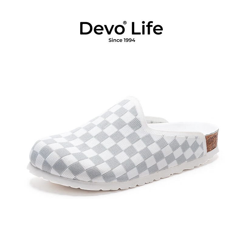 Devo Life的沃软木拖鞋休闲包头半包半拖套脚街头个性外穿潮女鞋22001 灰白方格飞织 37