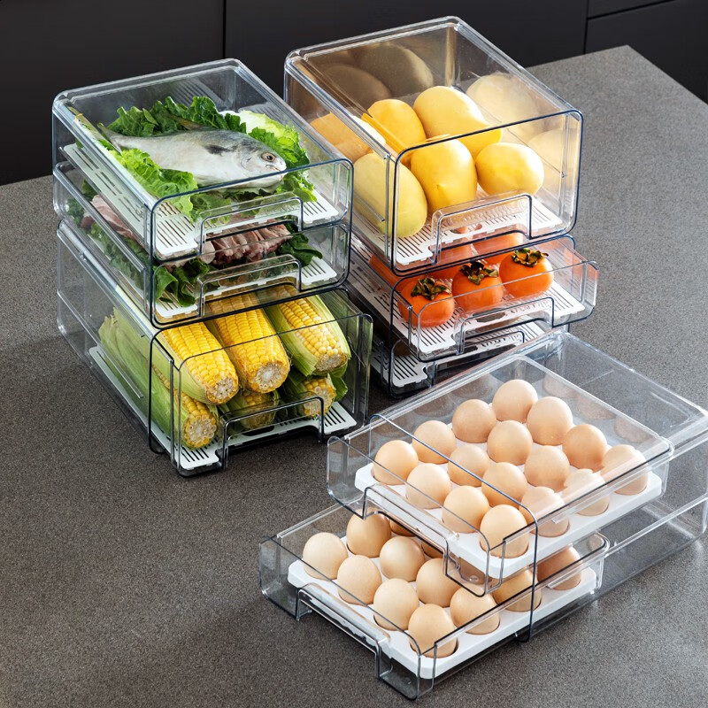家の物语（KATEI STORY）冰箱收纳盒厨房抽屉冷冻保鲜盒鸡蛋盒水果盒大容量食品冻肉分格盒 双层抽屉（2个装）