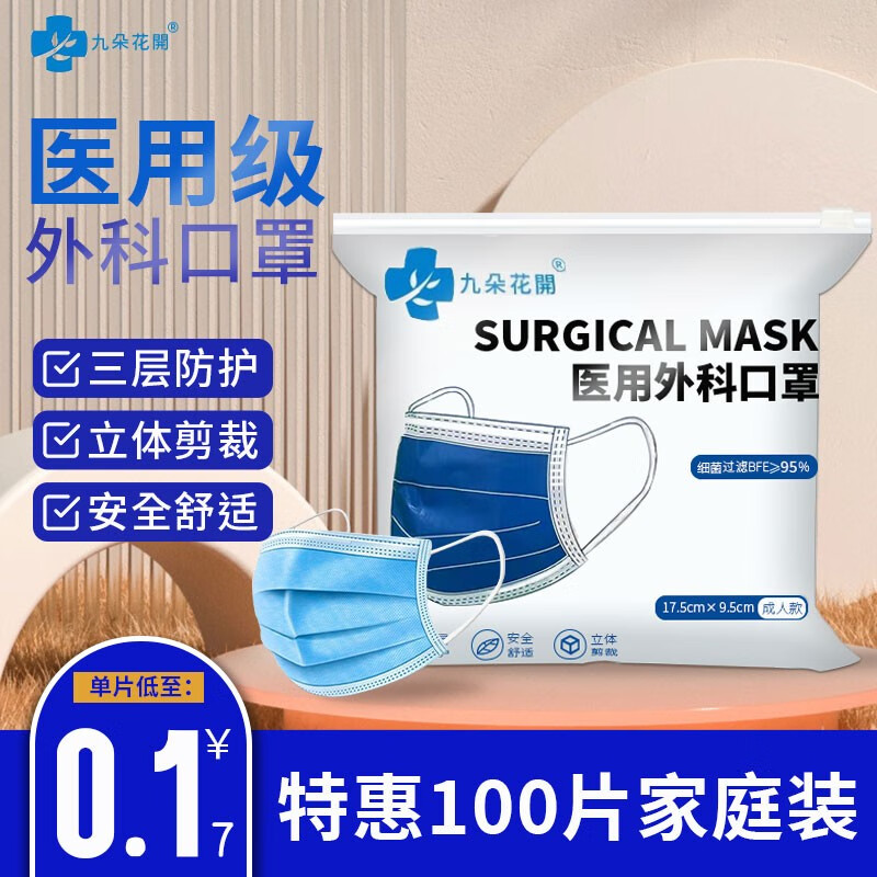 【九朵精选】医用外科口罩独立包装 一次性医用外科口罩医用口罩成人挂耳式防细菌防飞沫隔离病菌三层防护 100片蓝色独立包装