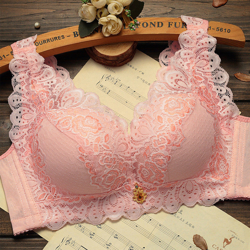 钢圈性感小胸厚款蕾丝聚拢调整型大码薄款背心式收副乳内衣 粉色单件