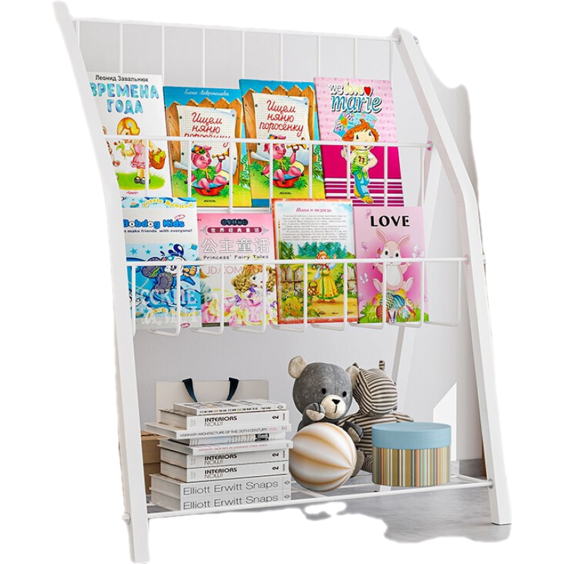 索尔诺 落地书架 绘本架 铁艺落地杂志置物架 简易宝宝家用卧室简约收纳架类 三层书架 白色【44*20*50.5cm】