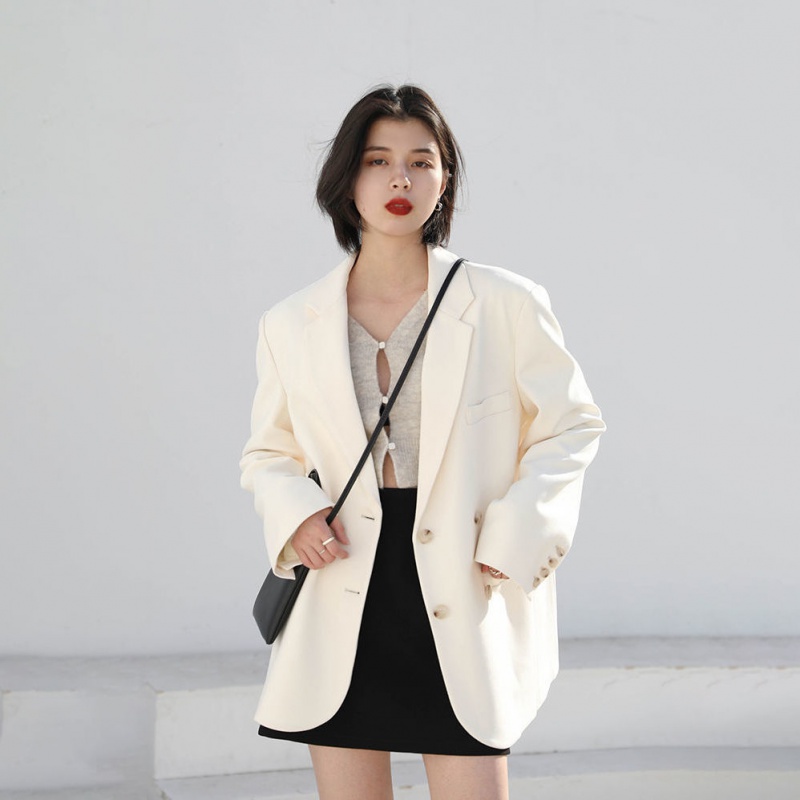 秋季新款街头休闲宽松双排扣西装外套女韩版鹭白色中长款西服 鹭白色