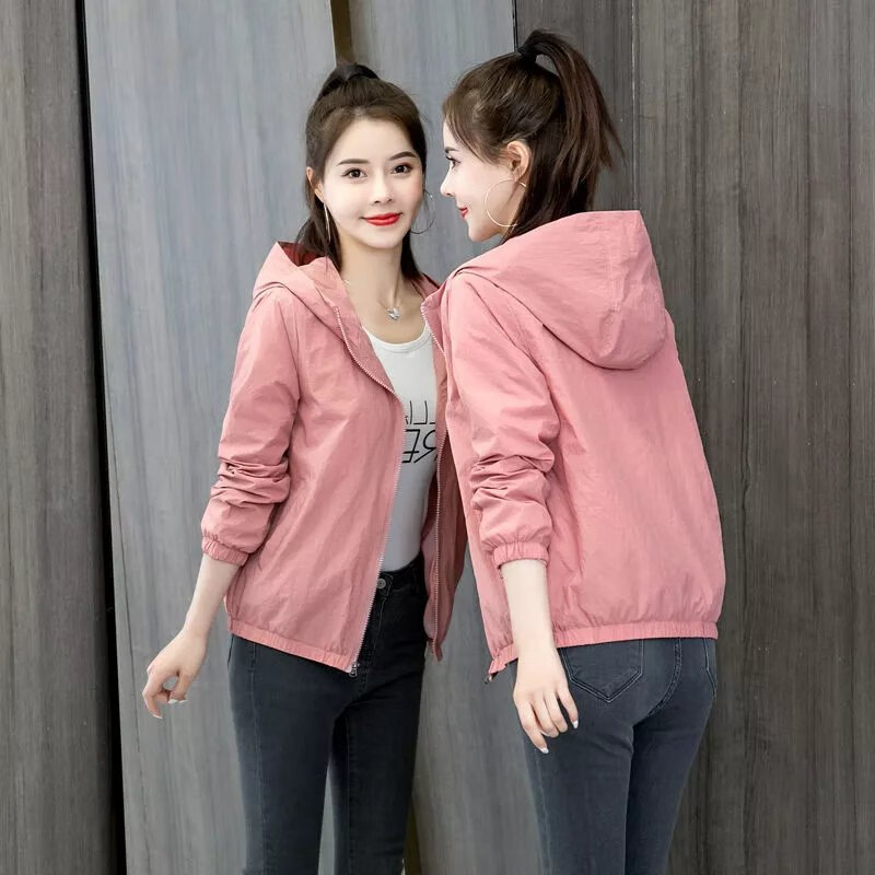 元乐申春秋季外套女短外套外穿连帽百搭宽松防水韩版ins潮衫 皮粉色