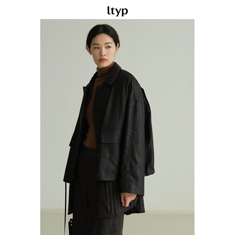 100%桑蚕丝夹克羽绒衬衫两件j套 外套-檀木黑-100%桑蚕丝 xs-s/150