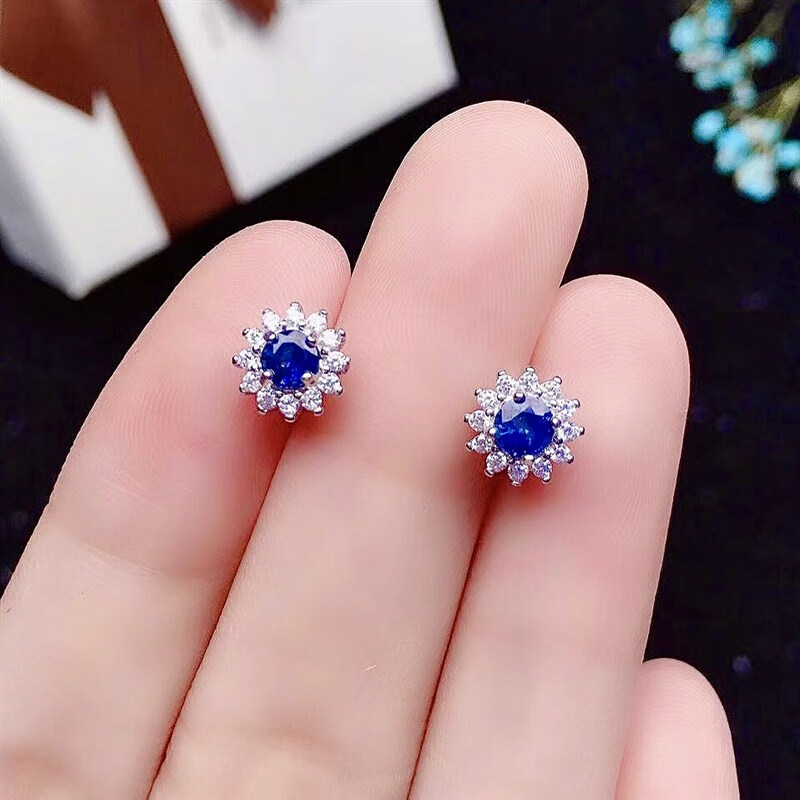 双盈喜斯里兰卡天然蓝宝石耳钉女s925银镶 轻奢时尚新款气质太阳花