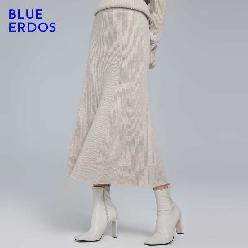 BLUE ERDOS【善系列】半身裙100%山羊绒气质百搭荷叶边中长款针织裙 亚麻米 165/68A/M