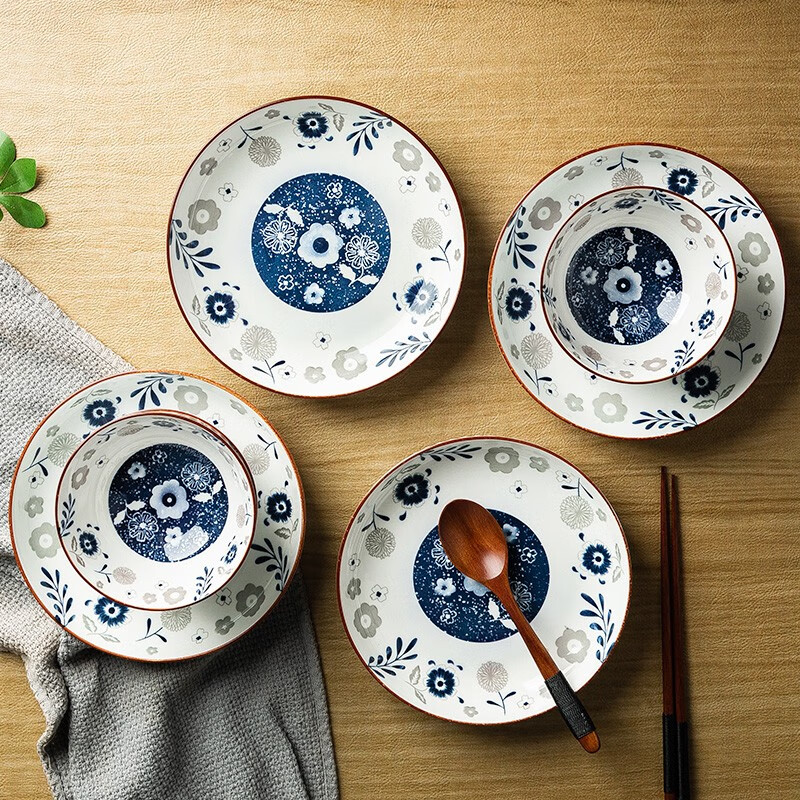 尚行知是日式釉下彩餐具套装家用陶瓷碗筷子盘子餐具套装4人食16件套