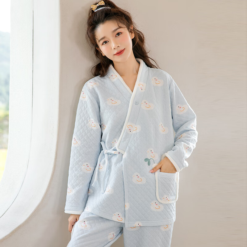 家の时光月子服春秋12月份11空气棉孕妇睡衣秋冬季里外纯棉哺乳产妇待产服 小蓝鸭 XL码 推荐145-160斤