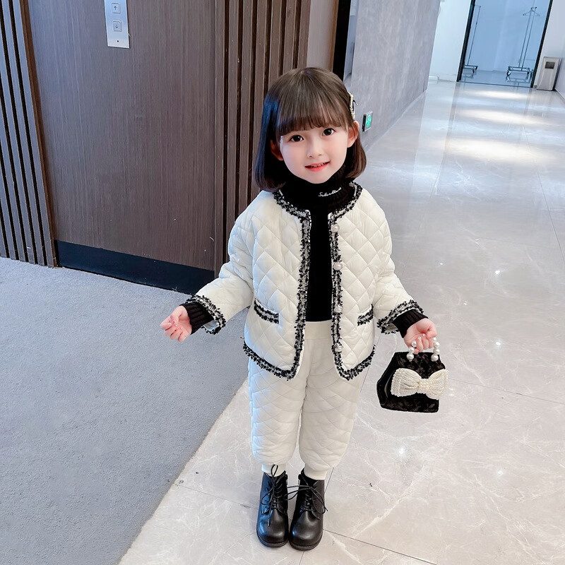 乔僖枫冬季衣服女童套装秋冬款0-3岁小女孩小香风棉服两件 白色 80cm