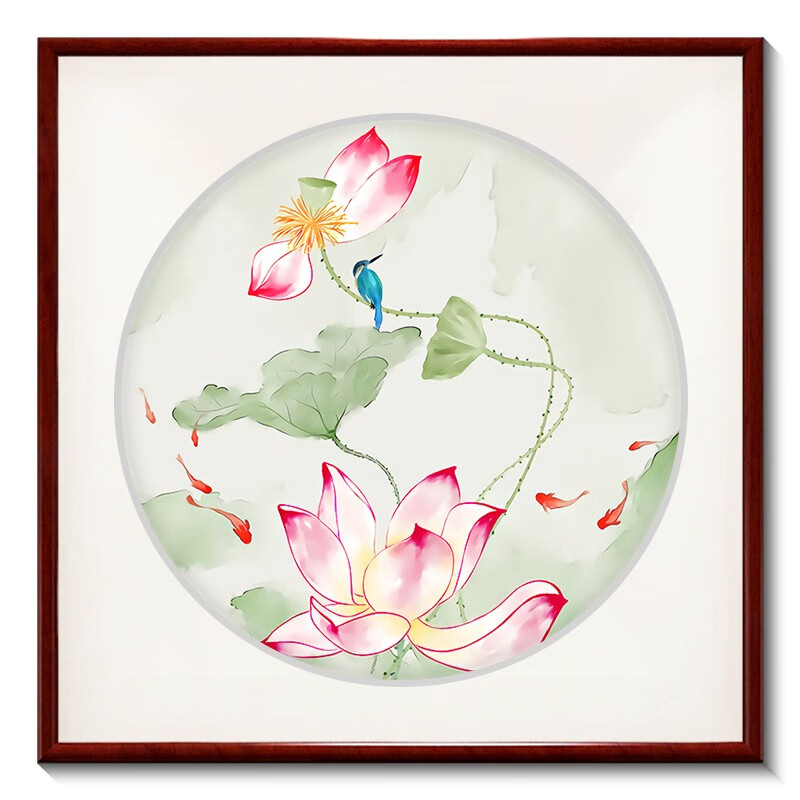 紫腾随轩新中式九鱼荷花图客厅装饰画水墨画餐厅饭厅挂画卧室中国风