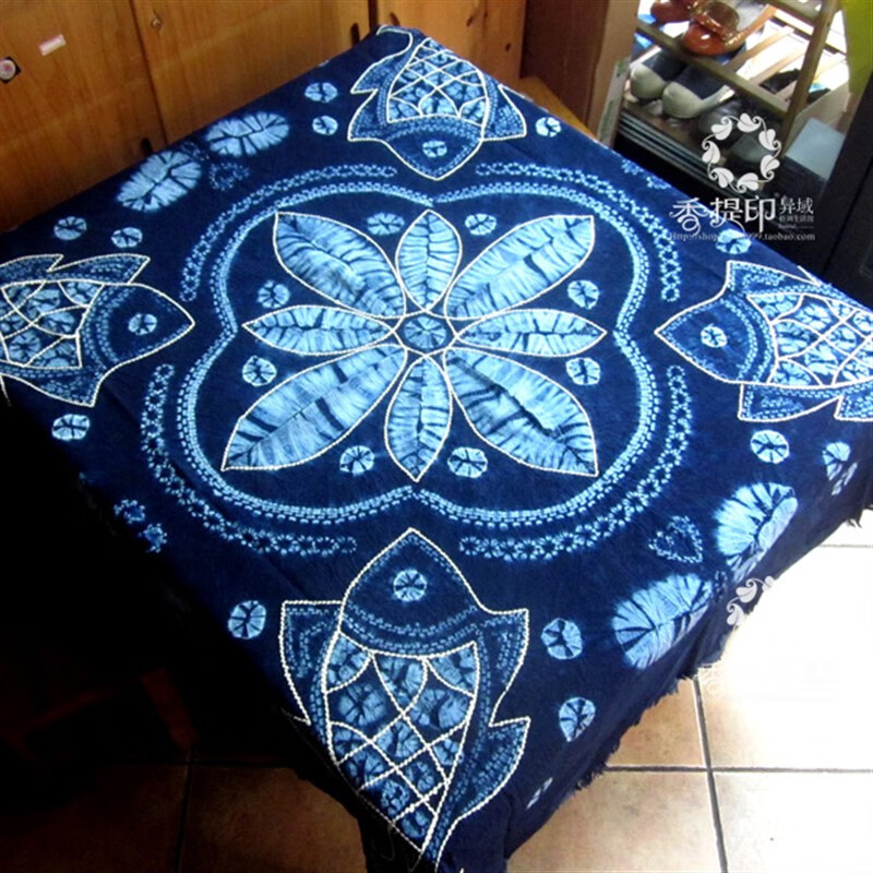 扎染布云南民族风特色饭店客栈大理手工扎染桌布棉布用布 蓝色吉祥鱼