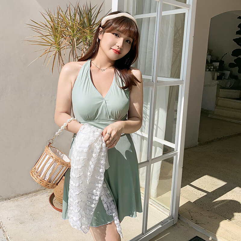 欧凡迪微胖女孩大码泳衣女遮肚200斤胖妹妹连体裙式显瘦性感温泉海边