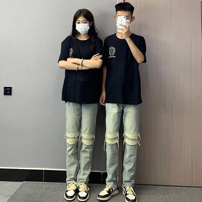 冉同广州新塘牛仔裤男高腰宽松情侣美式高街vibe风破洞牛仔裤男潮流时
