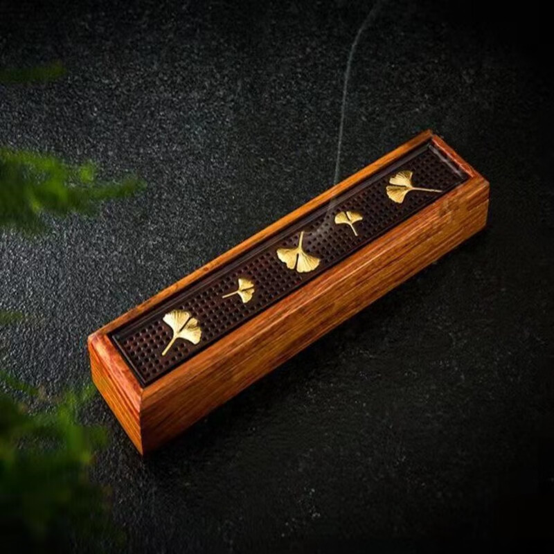 小匠工香炉檀木线香盒盘香盒卧香盒香桶沉香炉室内木制檀香炉香薰炉 银杏叶香盒四件套