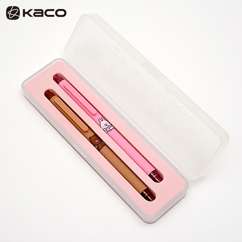 KACO布朗熊联名中性笔按动签字笔0.5mm黑色水笔2支/盒K1028（粉色+棕色）