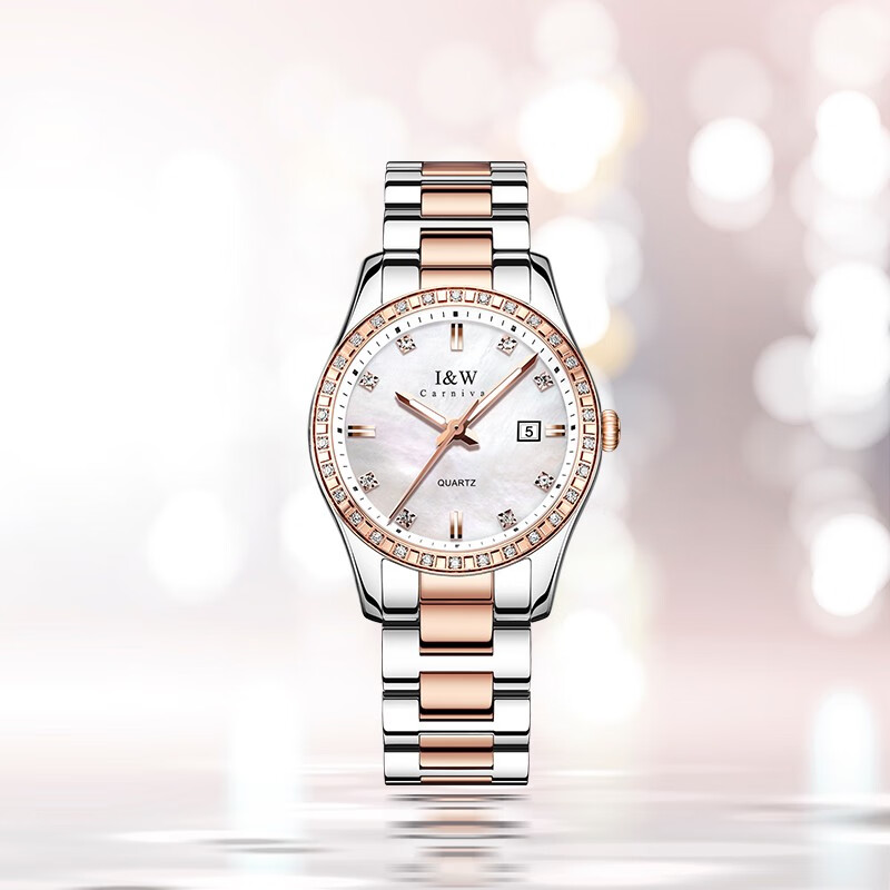 爱沃驰轻奢时尚防水玫瑰金锆石镶嵌石英手表女士表七夕生日礼物送女友 玫金壳白面|间玫钢带