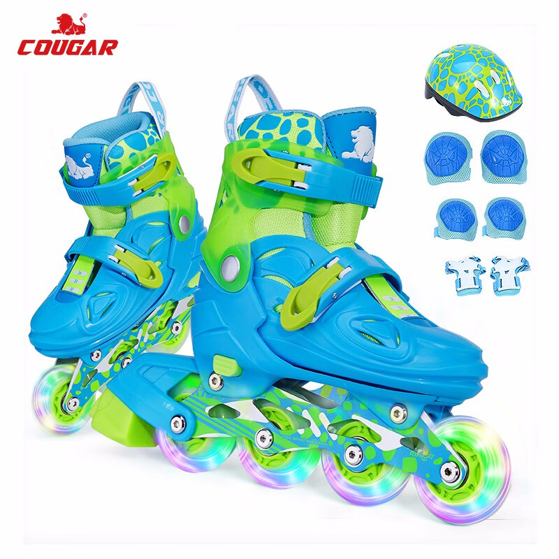 美洲狮(COUGAR)溜冰鞋儿童套装 可调轮滑鞋MZS885蓝色L码